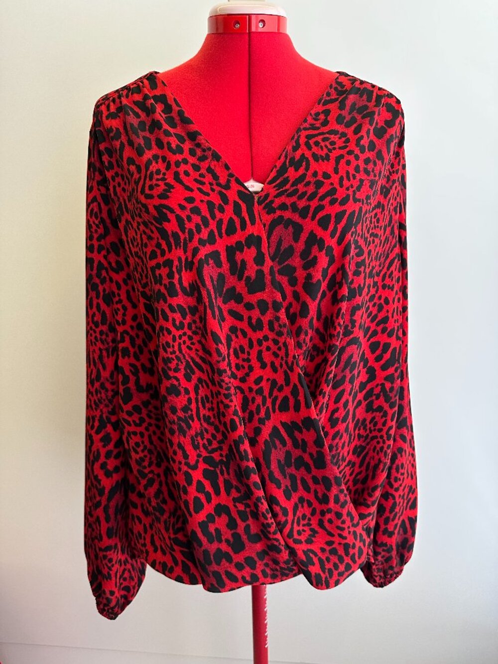 INC (L) Red Cheetah Animal Print Surplice Top Drape Loose International Concepts